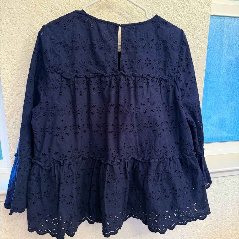Navy Blue 100% Cotton Eyelet Blouse by Crown & Ivory-Boho Flutter Sleeve XXL - Picture 15 of 17